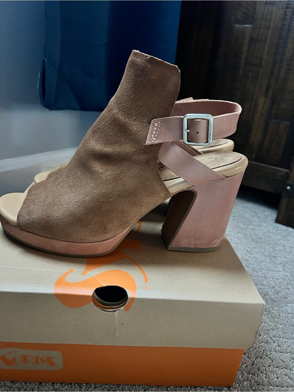 Kork-Ease Leather Brown Suede Open-Toe Block Heel Sandals